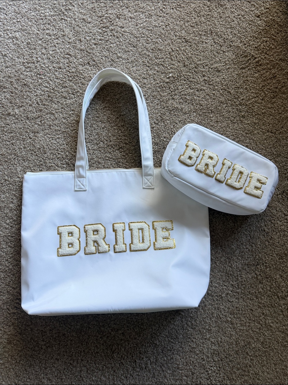 Bride White Tote and Pouch Set with Gold Embroidery